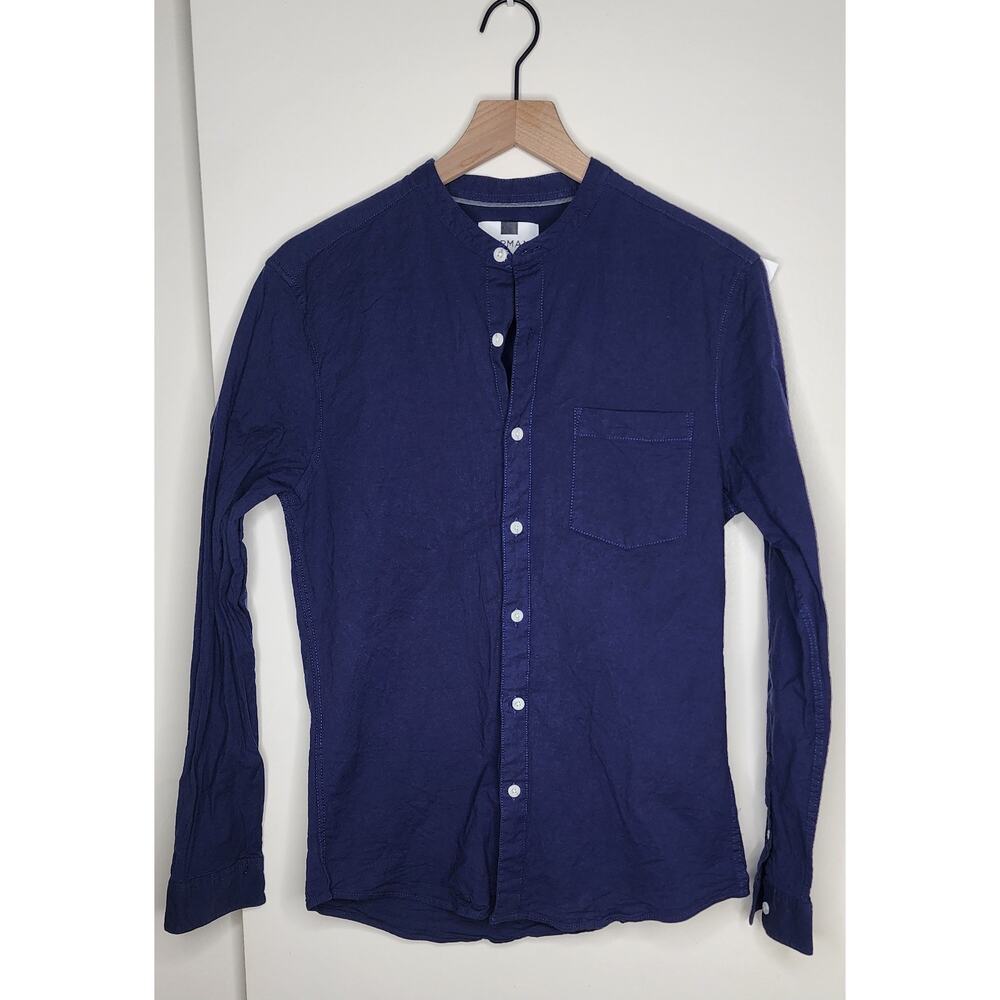 Topman‎ Long Sleeve button casual shirt mens Medium blue all cotton Collarless